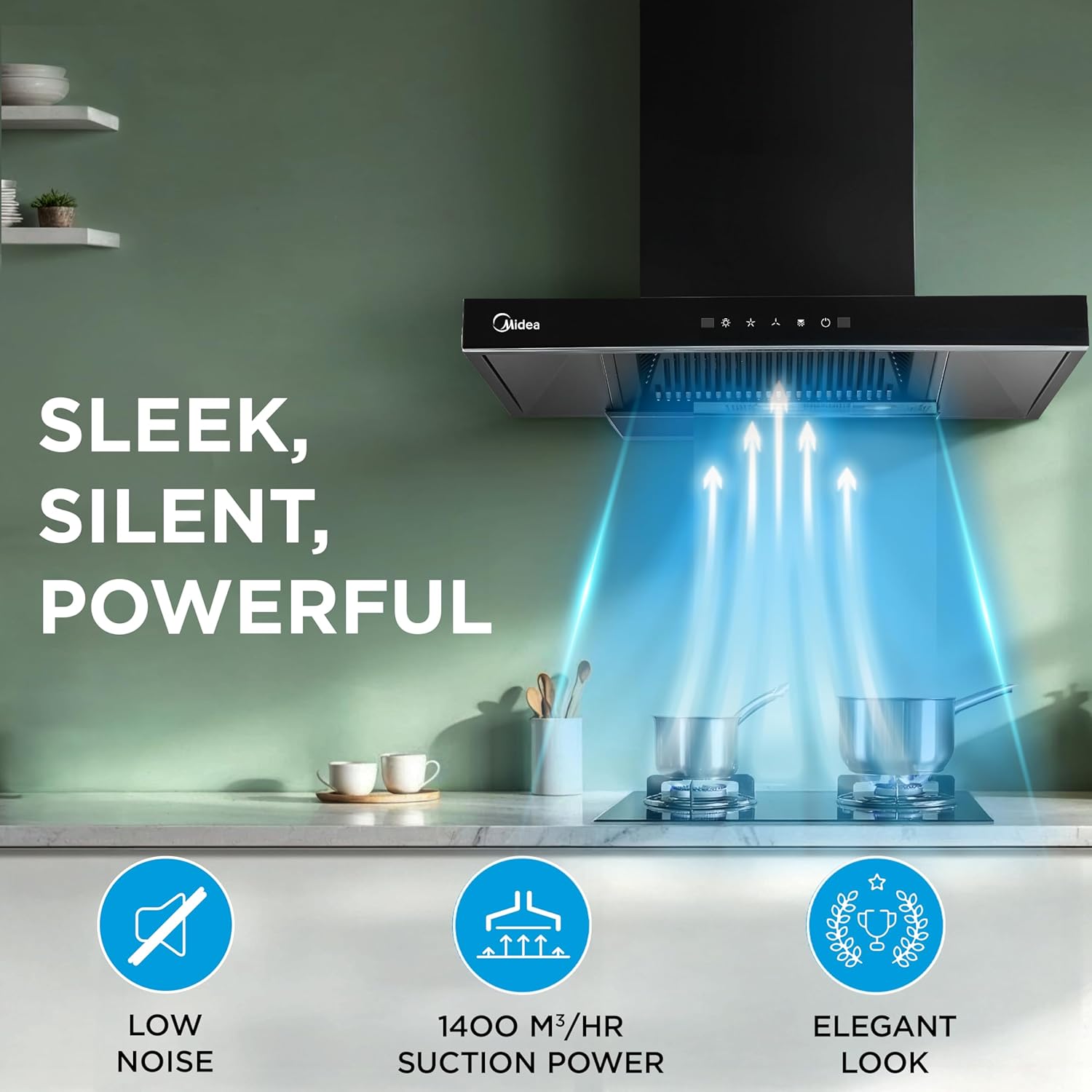 Midea 75 cm 1400 m3/hr Filter-less, Autoclean, Motion Sensor, T Shape kitchen Chimney (Falcon Auto Clean), Black MCHT-750T(IN)