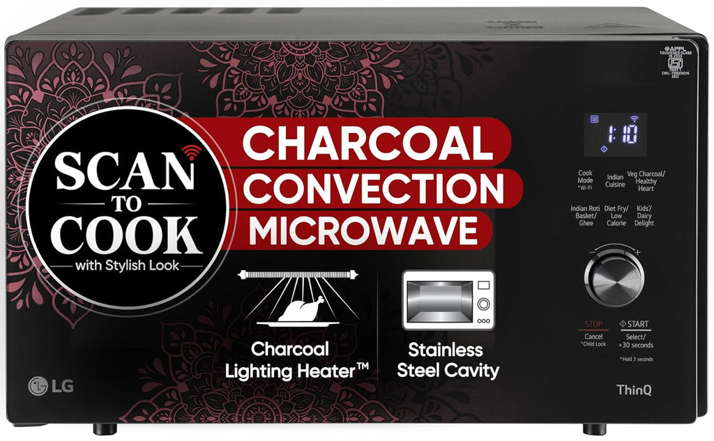 LG 28 L Scan to Cook Wi-Fi Enabled Charcoal Convection Microwave Oven (MJEN286VIW, Black, Stainless steel cavity, Heart Friendly Recipes, Ghee, Diet Fry & 360° Motorised Rotisserie for Bar-be-queing) (Minor Dent)