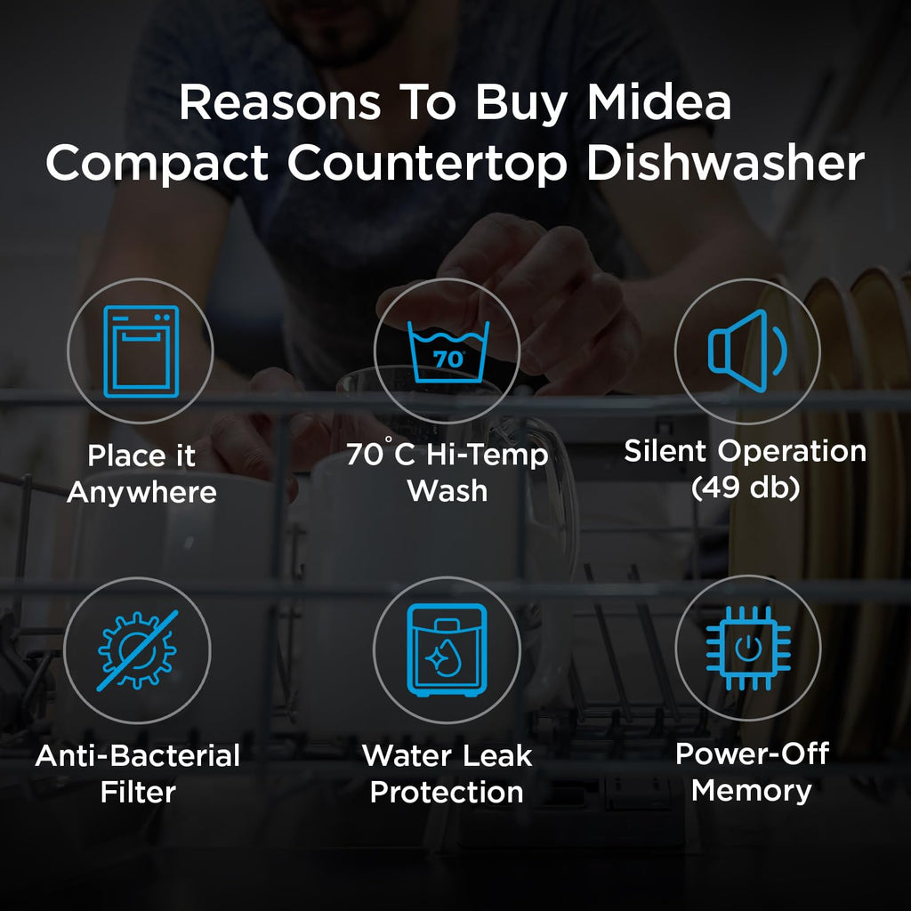 MIDEA 8 Place Setting Countertop Dishwasher (MDWTT0802D (B), Black, 6 wash programs, Portable, anti-bacterial filter & Intensive 70 degree wash for Ultra Hygiene, 24 Hour Delay Timer)