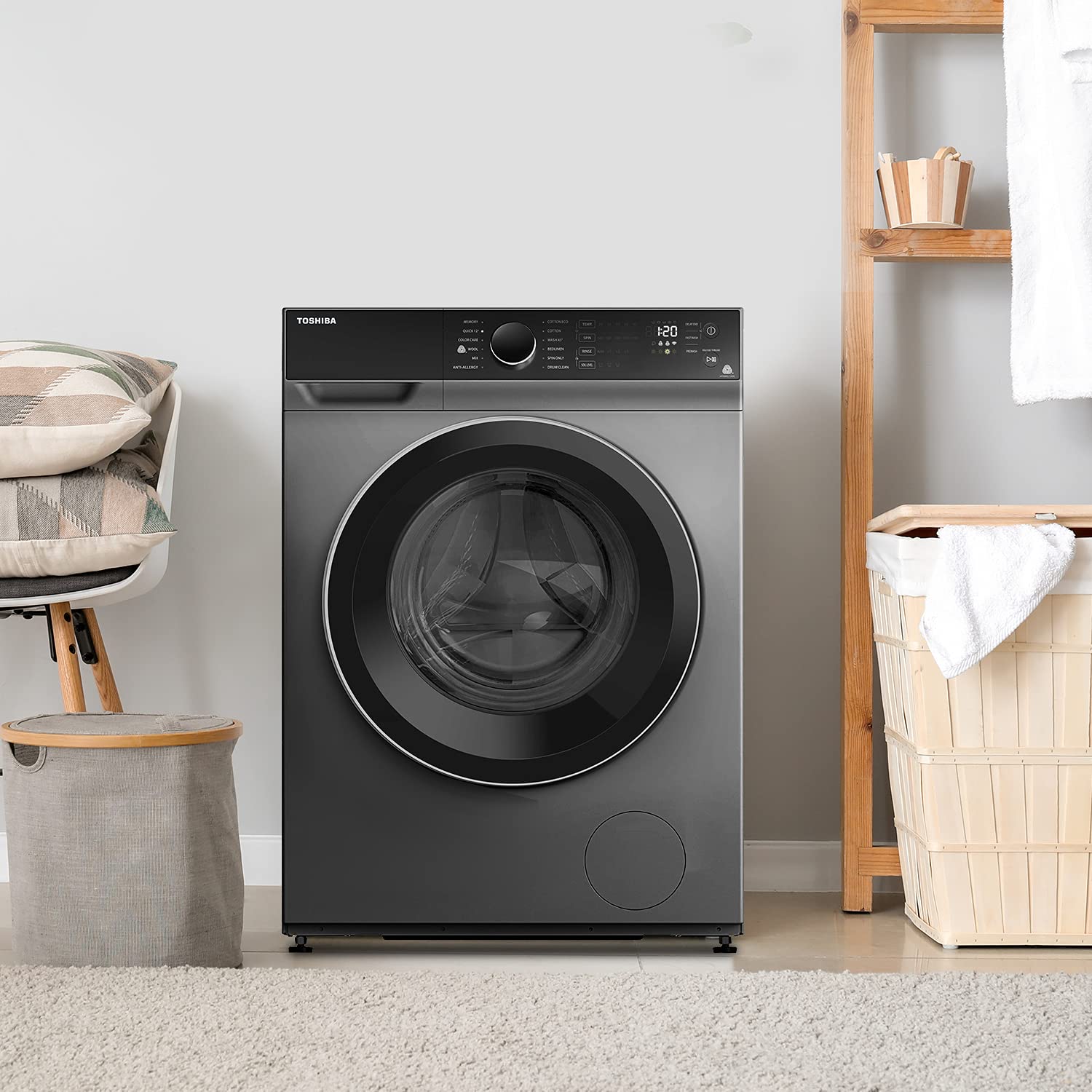 TOSHIBA 9 kg 5 Star Fully Automatic Front Load Washing Machine (TW-BJ100M4-IND(SK), In-Built Heater, Silver)