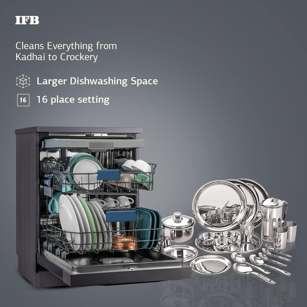 IFB 16 Place Settings with DeepClean® Technology Powered by AI Freestanding Dishwasher (Neptune VX16, Inox Grey, Largest Capacity Washes upto 92 Utensils, 70° Hot Water Wash)