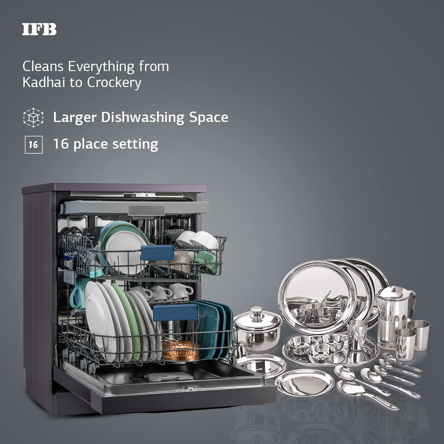 IFB 16 Place Settings with DeepClean® Technology Powered by AI Freestanding Dishwasher (Neptune VX16, Inox Grey, Largest Capacity Washes upto 92 Utensils, 70° Hot Water Wash)