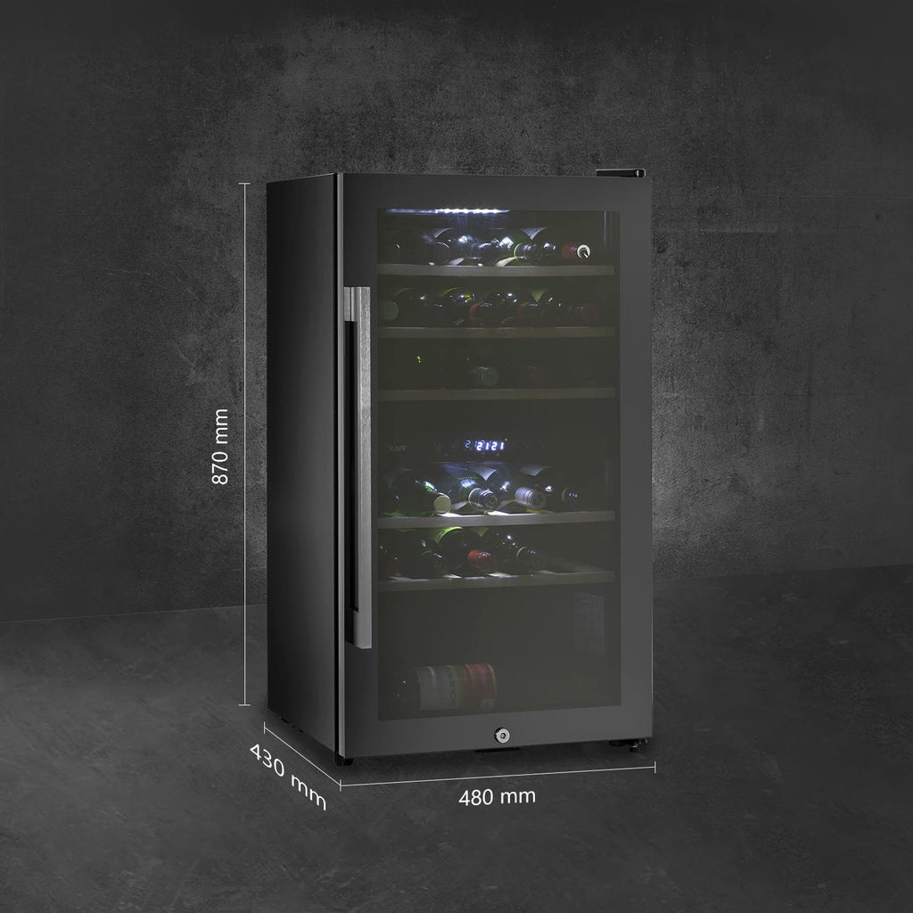 Kaff WC 76 DZ FreeStanding Wine Cooler Refrigerator Dual Zone 76 Litre 29 Bottles Approx. with UVProtection Inner Glass Child Lock  Wooden Shelves Wine Fridge for Red White Champagne Black