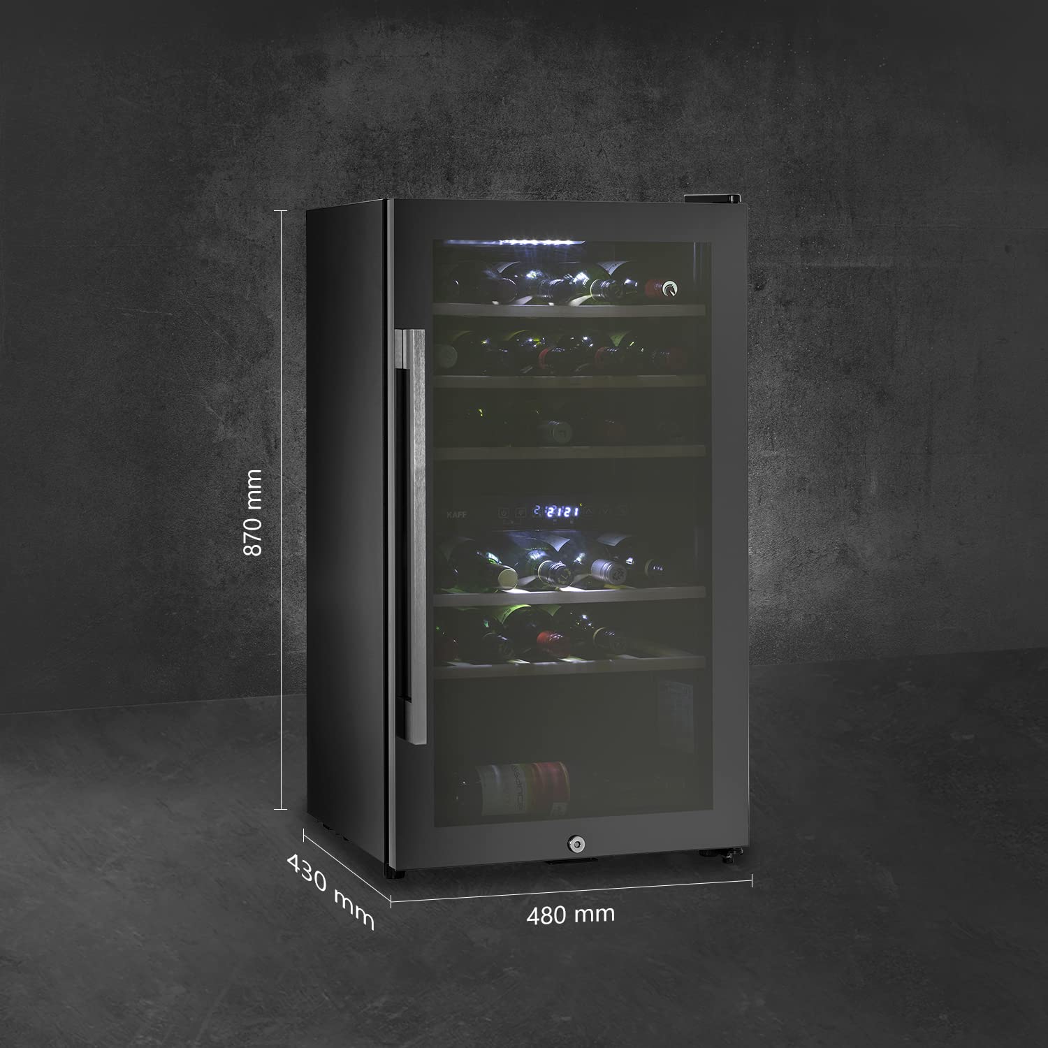 Kaff WC 76 DZ FreeStanding Wine Cooler Refrigerator Dual Zone 76 Litre 29 Bottles Approx. with UVProtection Inner Glass Child Lock  Wooden Shelves Wine Fridge for Red White Champagne Black