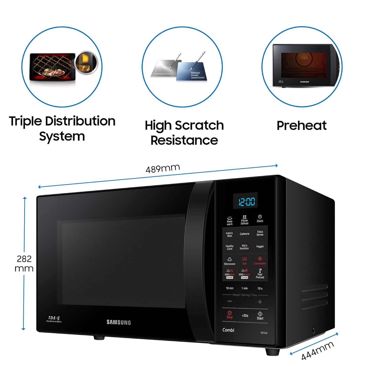 Samsung 21 L, Convection Microwave Oven (CE73JD-B1/XTL, Black, Various Cooking Modes, Pre heat, Eco Mode, Power Defrost, Auto Cook, Wire Rack, Ceramic Enamel Cavity with 10 year warranty)