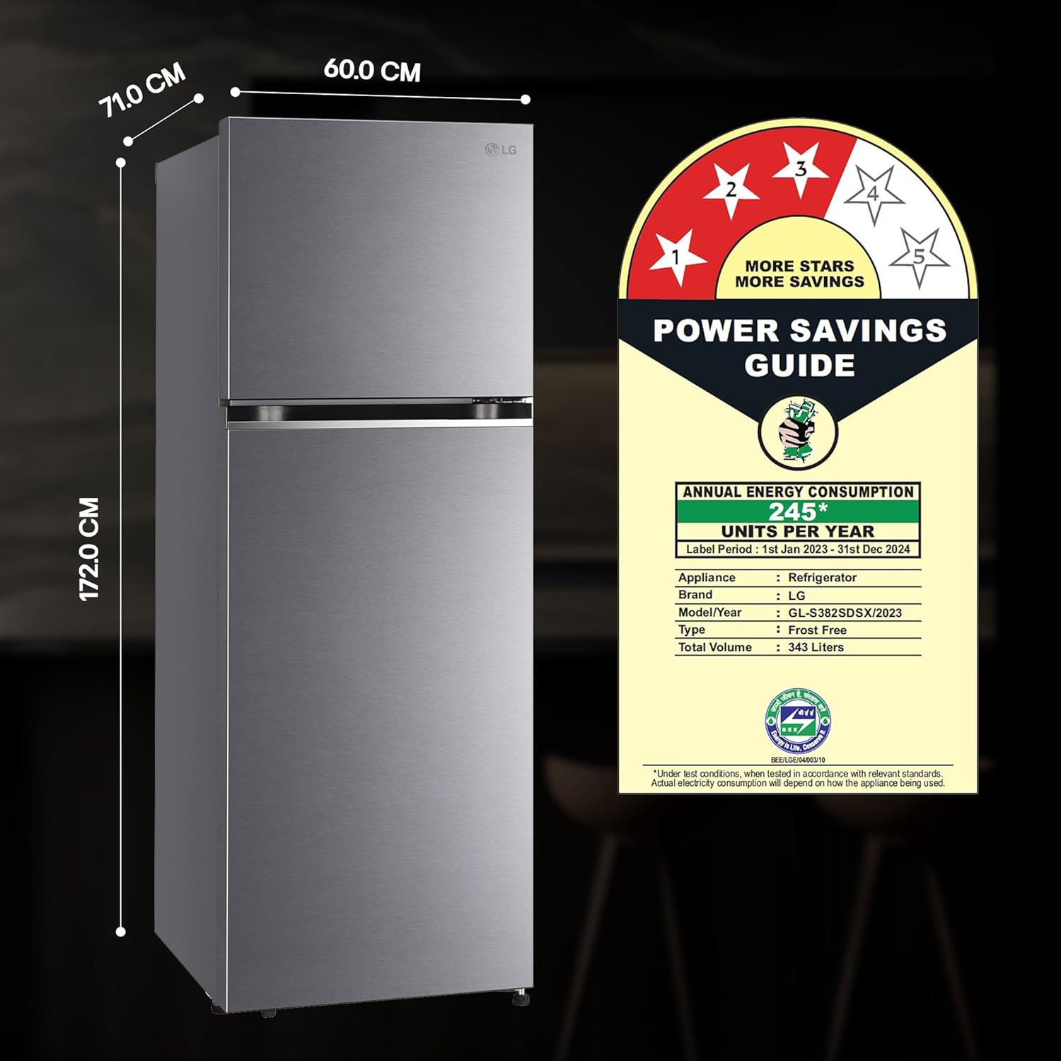 LG 343 L 3 Star Frost-Free Smart Inverter Double Door Refrigerator (GL-S382SDSX, Dazzle Steel, Convertible with Express Freeze)