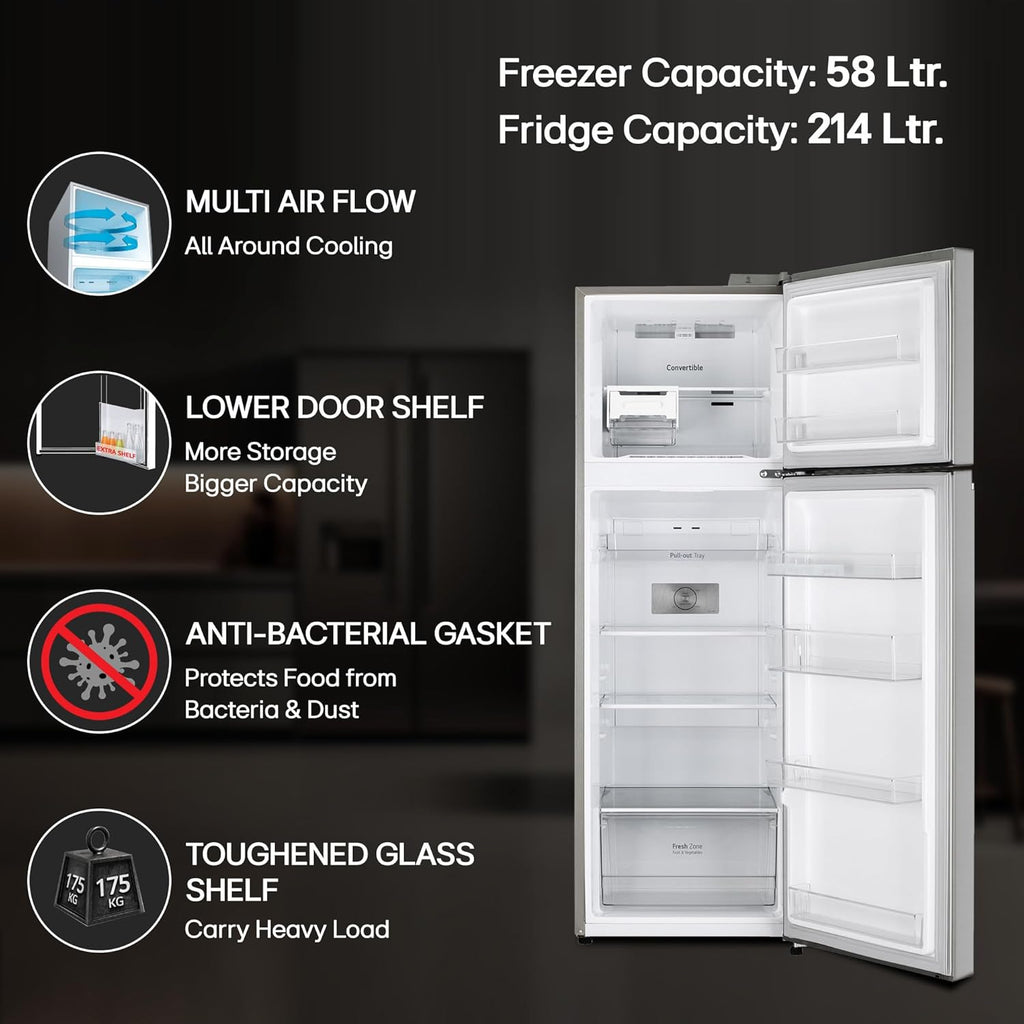 LG 272 L 3 Star Frost-Free Smart Inverter Compressor Double Door Refrigerator (GL-S312SPZX, Shiny Steel, Convertible & Multi Air Flow Cooling)