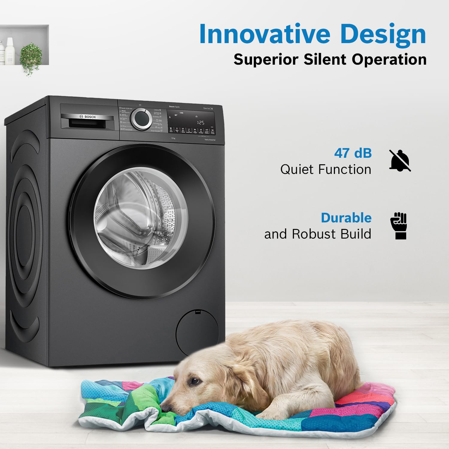 Bosch 9kg 5 Star Anti Stain & AI Active Water Plus Fully Automatic Front Load Washing Machine with Built in Heater (WGA1420TIN, Pretreatment & Steam with Anti Bacteria and 5 Star Inverter, Black Grey)