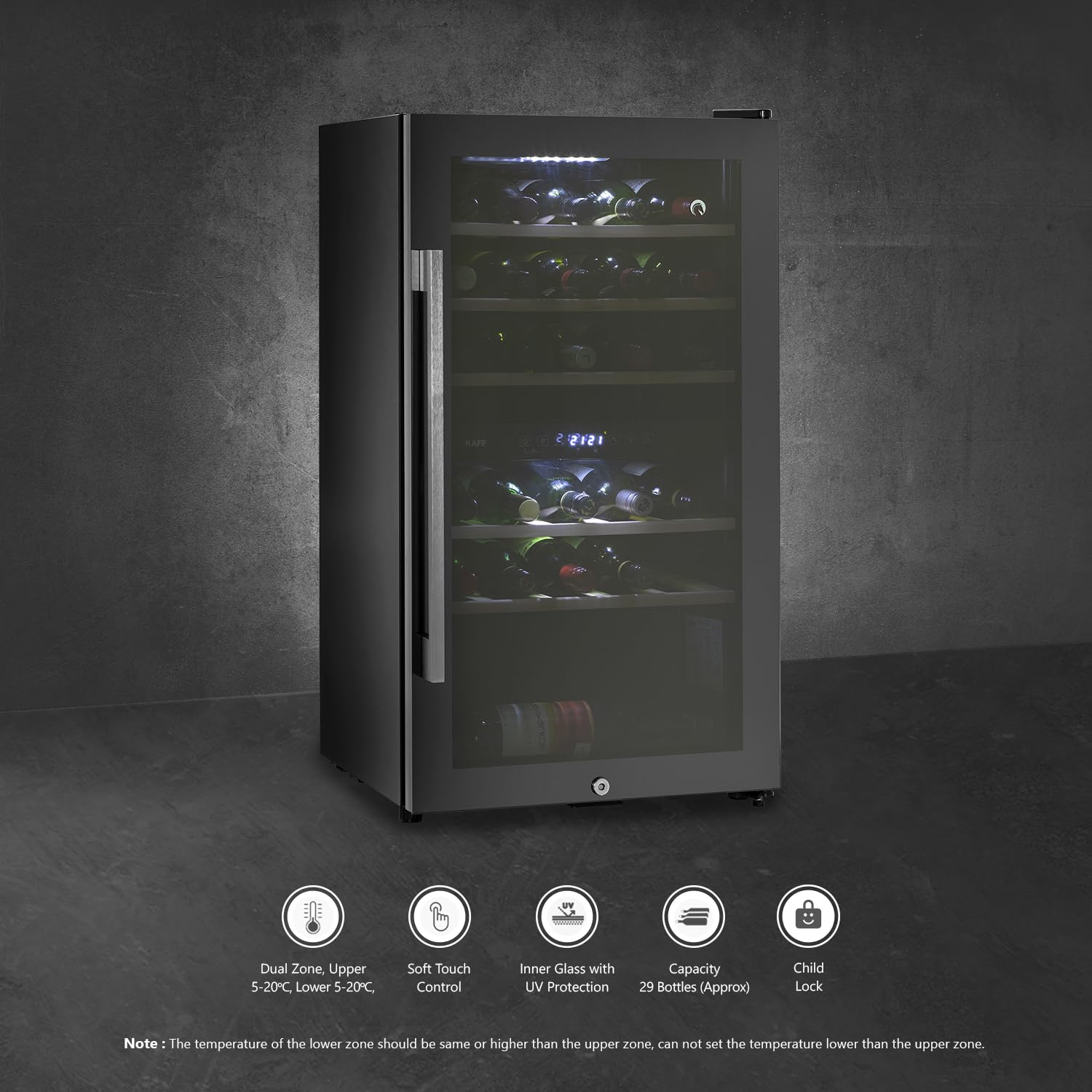 Kaff WC 76 DZ FreeStanding Wine Cooler Refrigerator Dual Zone 76 Litre 29 Bottles Approx. with UVProtection Inner Glass Child Lock  Wooden Shelves Wine Fridge for Red White Champagne Black