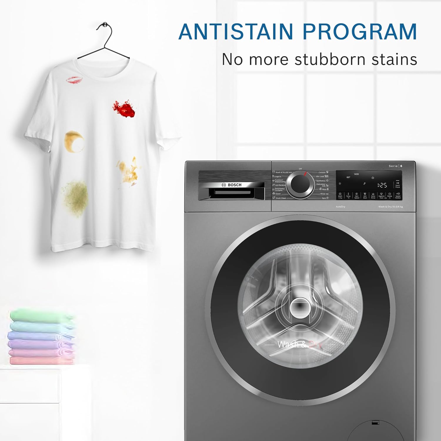 Bosch 10.5/6 KG Inverter Fully Automatic Front Load Washer Dryer (2023 Model, WNA2E4U1IN, 1400 RPM, 14 Wash Programs, LED touch display, Wash & Dry in 60 Mins, Cast Iron Grey)