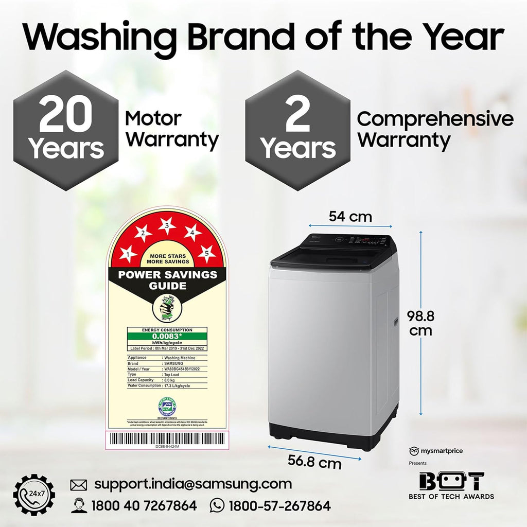 Samsung 8 Kg, Eco Bubble Technology with Super Speed, Soft Closing Door, Fully-Automatic Top Load Washing Machine (WA80BG4545BYTL, Lavender Gray)