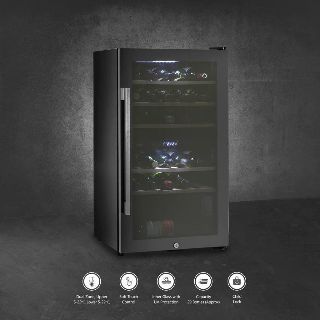 Kaff WC 76 DZ FreeStanding Wine Cooler Refrigerator Dual Zone 76 Litre 29 Bottles Approx. with UVProtection Inner Glass Child Lock  Wooden Shelves Wine Fridge for Red White Champagne Black