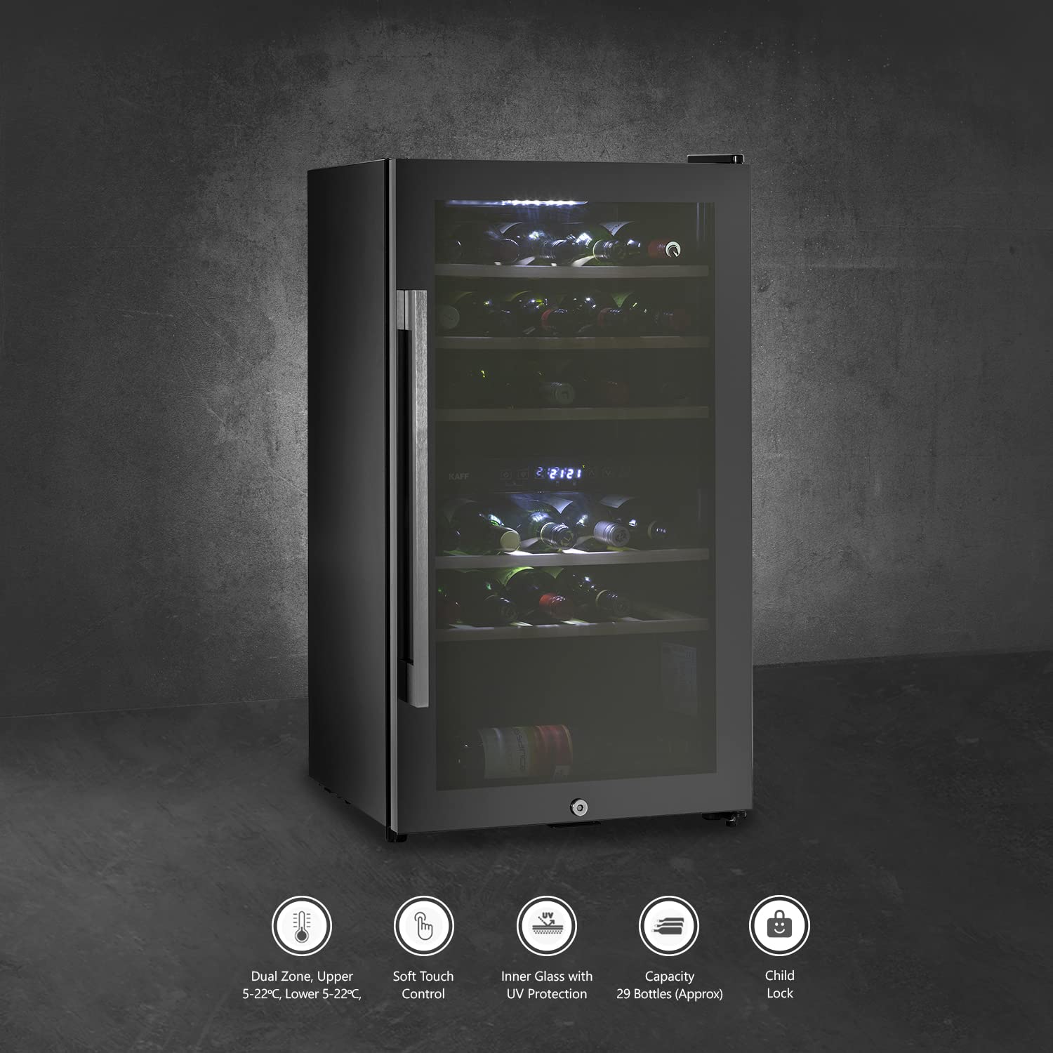 Kaff WC 76 DZ FreeStanding Wine Cooler Refrigerator Dual Zone 76 Litre 29 Bottles Approx. with UVProtection Inner Glass Child Lock  Wooden Shelves Wine Fridge for Red White Champagne Black
