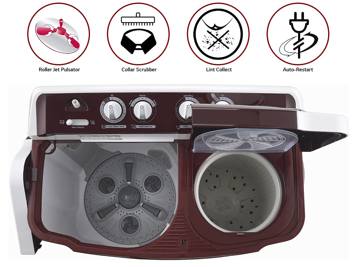 LG 8Kg 5 Star Semi Automatic Top Load Washing Machine, Roller Jet Pulsator + Soak, Burgandy P8035SRAZA