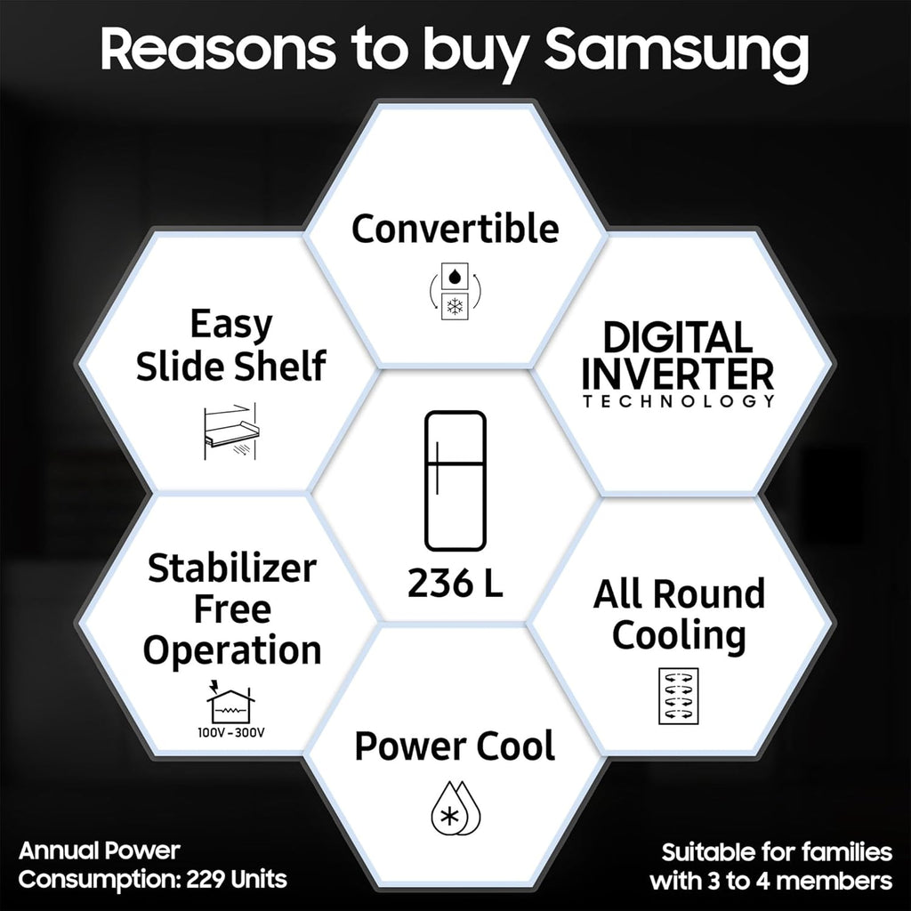 Samsung 236 L, 3 Star, Convertible, Digital Inverter with Display Frost Free Double Door Refrigerator (RT28C3733S8/HL, Silver, Elegant Inox)