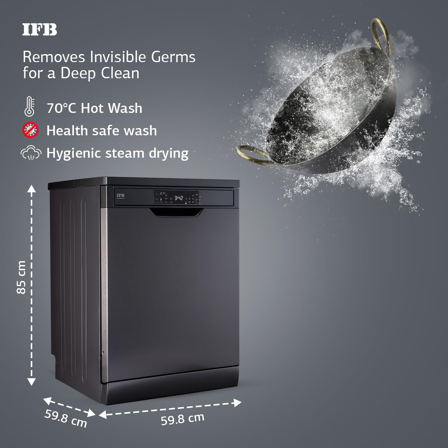 IFB 16 Place Settings with DeepClean® Technology Powered by AI Freestanding Dishwasher (Neptune VX16, Inox Grey, Largest Capacity Washes upto 92 Utensils, 70° Hot Water Wash)