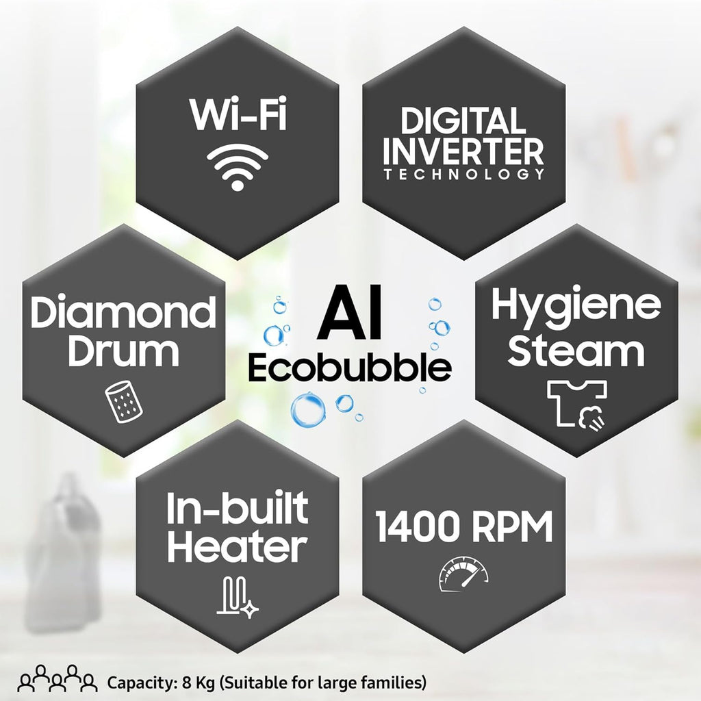 Samsung 8 kg, 5 star, Eco Bubble Technology, AI Control, Wi-Fi, Digital Inverter, Motor, Fully-Automatic Front Load Washing Machine (WW80T504DAX1TL, Hygiene Steam, Inox)