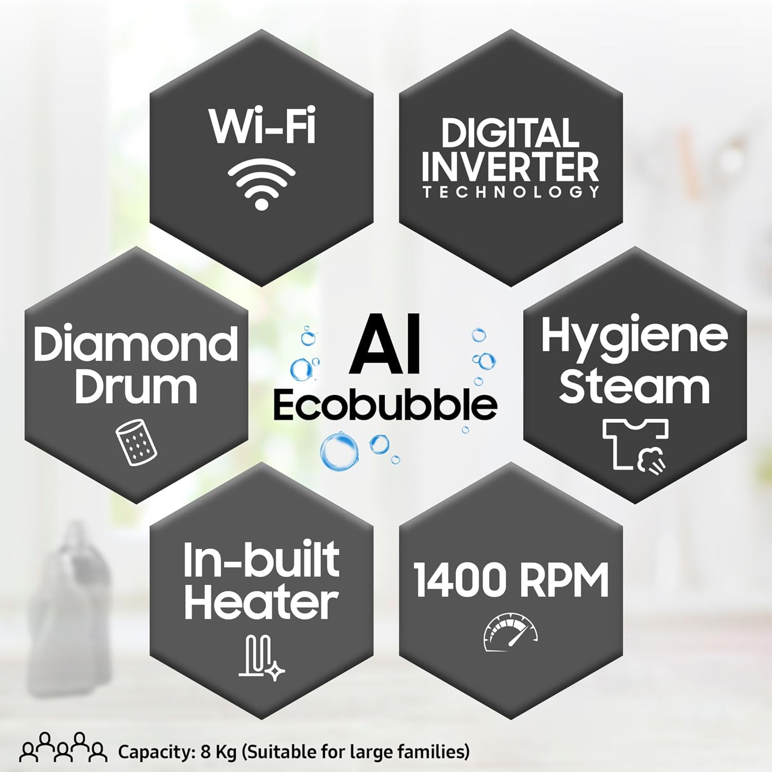 Samsung 8 kg, 5 star, Eco Bubble Technology, AI Control, Wi-Fi, Digital Inverter, Motor, Fully-Automatic Front Load Washing Machine (WW80T504DAX1TL, Hygiene Steam, Inox)