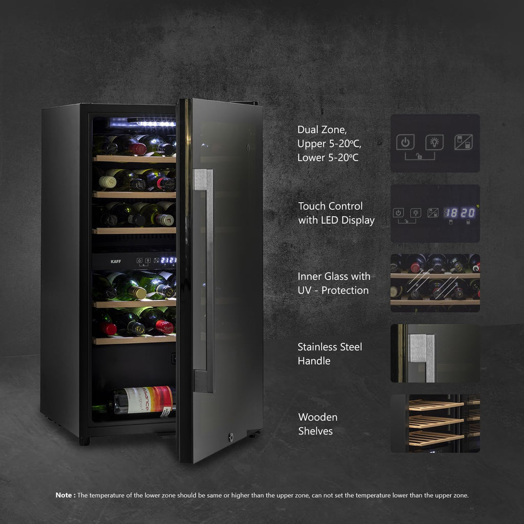 Kaff WC 76 DZ FreeStanding Wine Cooler Refrigerator Dual Zone 76 Litre 29 Bottles Approx. with UVProtection Inner Glass Child Lock  Wooden Shelves Wine Fridge for Red White Champagne Black