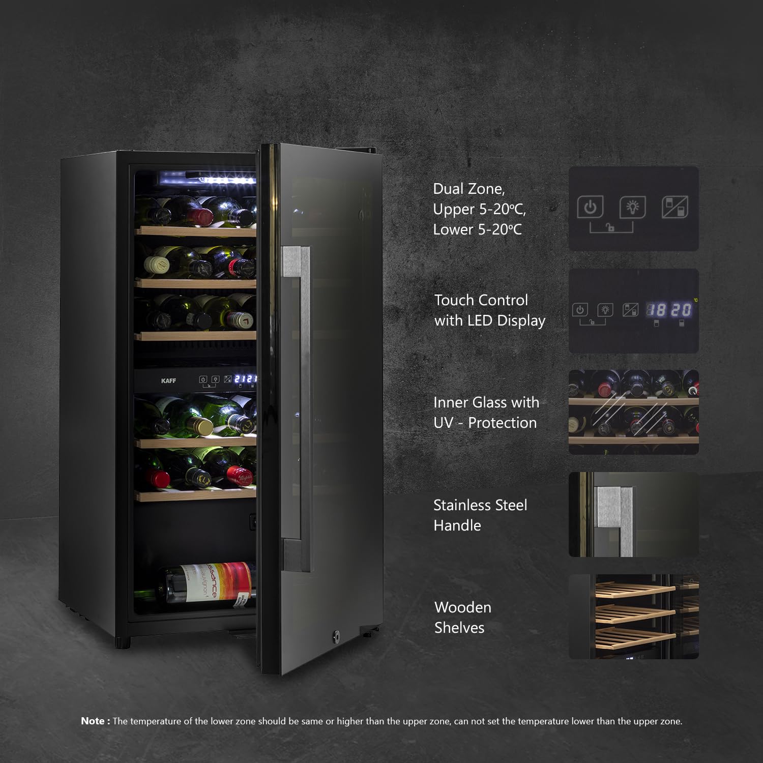 Kaff WC 76 DZ FreeStanding Wine Cooler Refrigerator Dual Zone 76 Litre 29 Bottles Approx. with UVProtection Inner Glass Child Lock  Wooden Shelves Wine Fridge for Red White Champagne Black