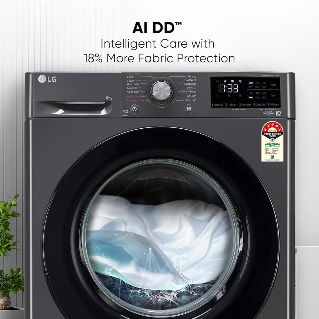 LG 8 Kg, 5 Star, AI Direct Drive Technology, Steam & 6 Motion DD Fully-Automatic Front Load Washing Machine (FHP1208Z3M, Intelligent & Convenient Fabric Care, Allergy Care, Middle Black)