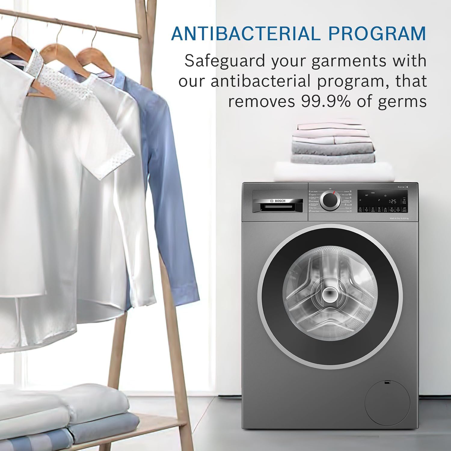 Bosch 10.5/6 KG Inverter Fully Automatic Front Load Washer Dryer (2025 Model, WNA2E4UCIN, 1400 RPM, 14 Wash Programs, LED touch display, Wash & Dry in 60 Mins, Cast Iron Grey)