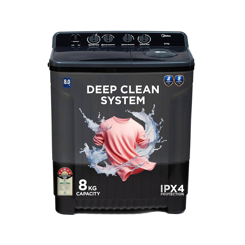 Midea 8 Kg 5 Star Semi Automatic Top-Load Washing Machine Black Grey (MWMSA080SAPPG(KG), Rat Away Feature, Air Jet Dry IPX4 Protection)