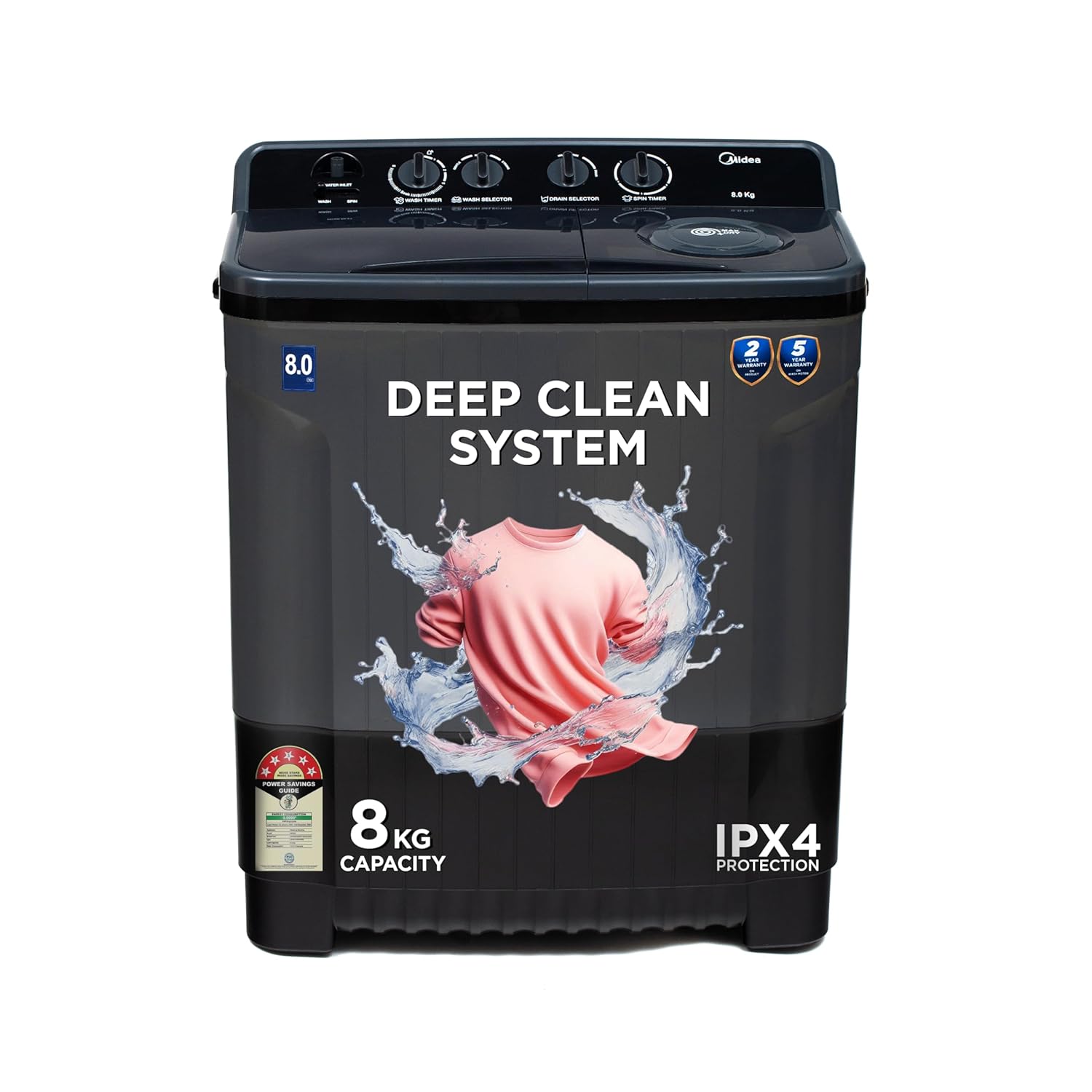 Midea 8 Kg 5 Star Semi Automatic Top-Load Washing Machine Black Grey (MWMSA080SAPPG(KG), Rat Away Feature, Air Jet Dry IPX4 Protection)
