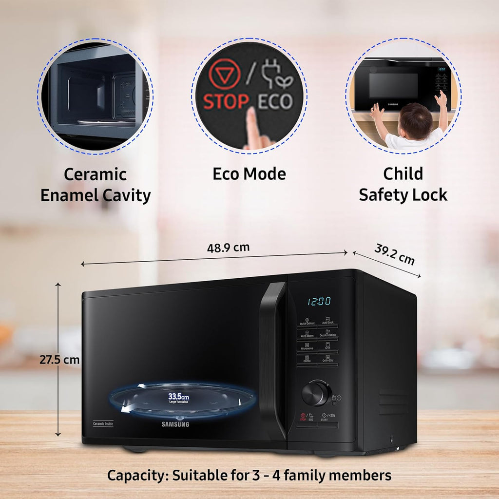 Samsung 23 L Grill Microwave Oven (MG23A3515AK/TL, Black, Various Auto Cook Programs, Keep Warm, Quick Defrost, LED Display, Ceramic Enamel Cavity, Wire Rack with 10 year warranty)