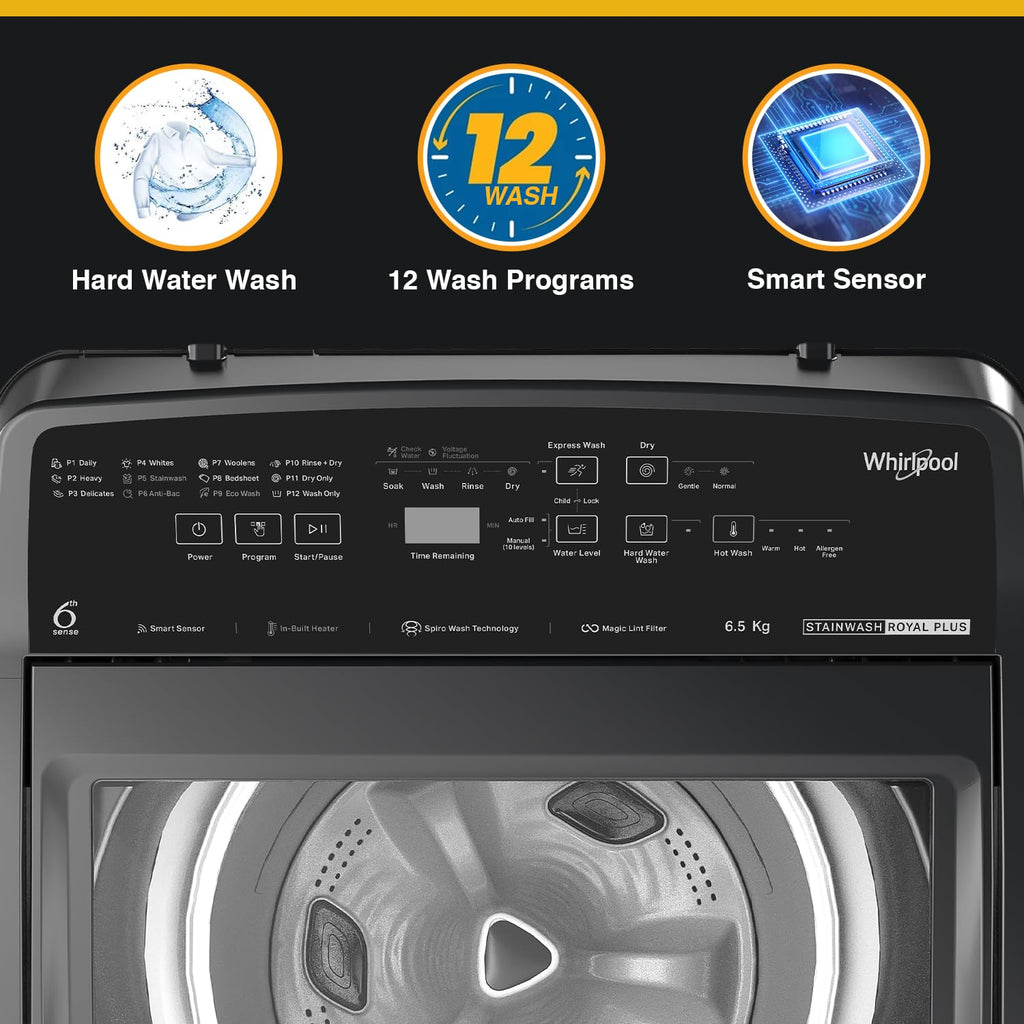 Whirlpool 6.5 Kg 5 Star StainWash Royal Plus Fully Automatic Top Load Washing Machine (SW ROYAL PLUS 6.5 (H) GREY 10YMW with In-Built Heater)
