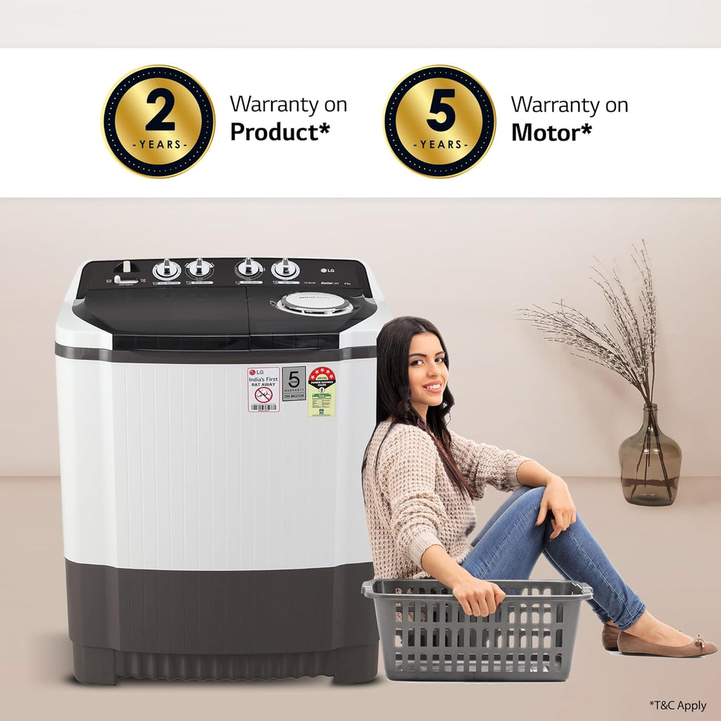 LG 8.0 Kg 5 Star Semi-Automatic Top Loading Washing Machine with Roller Jet Pulsator, Wind Jet Dry, Soak & Rat Away Technology (P8030SGAZ, Collar Scrubber & Rust Free Plastic Base, Dark Gray)