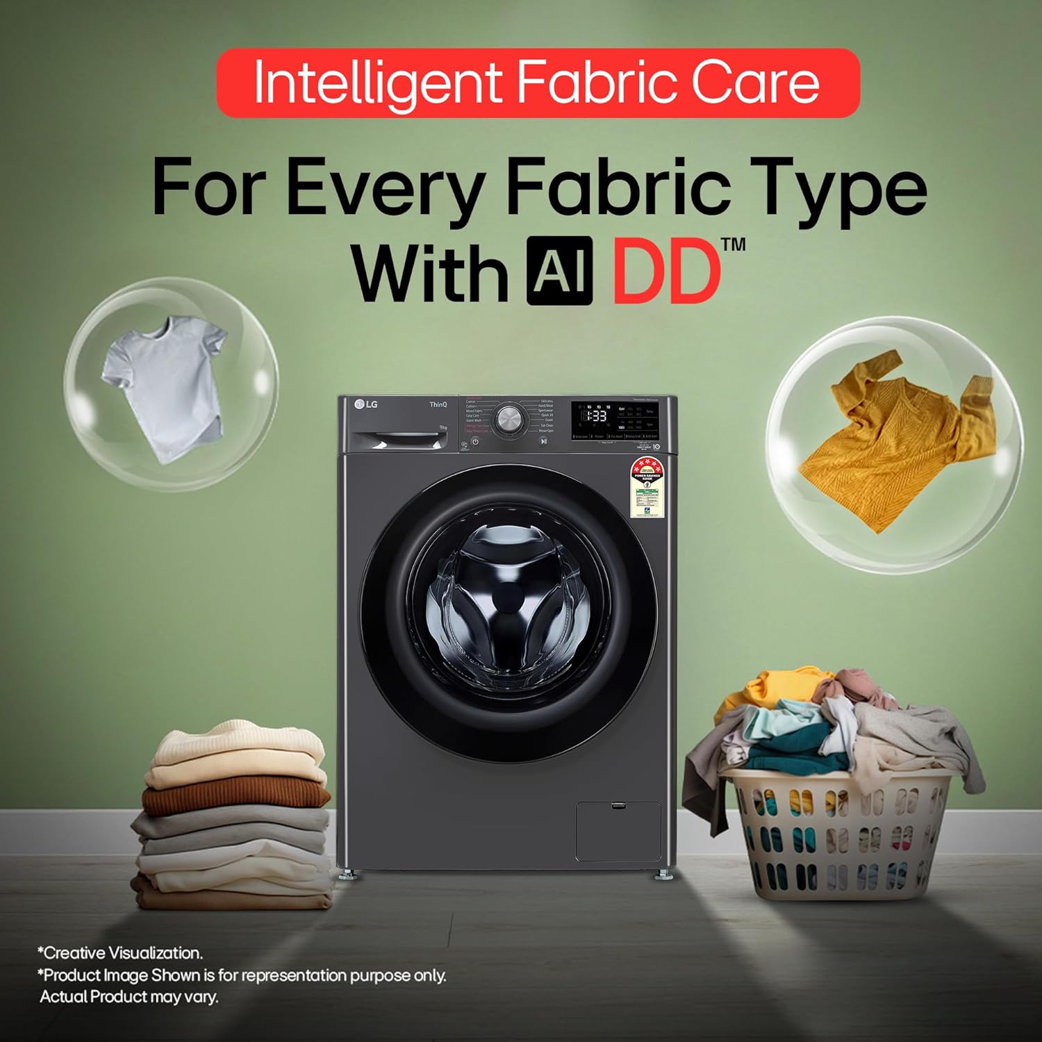 LG 9 Kg, 5 Star, AI Direct Drive Technology, Steam, 6 Motion DD & Wi-Fi Fully-Automatic Front Load Washing Machine (FHP1209Z5M, Intelligent & Convenient Fabric Care, Allergy Care, Middle Black)