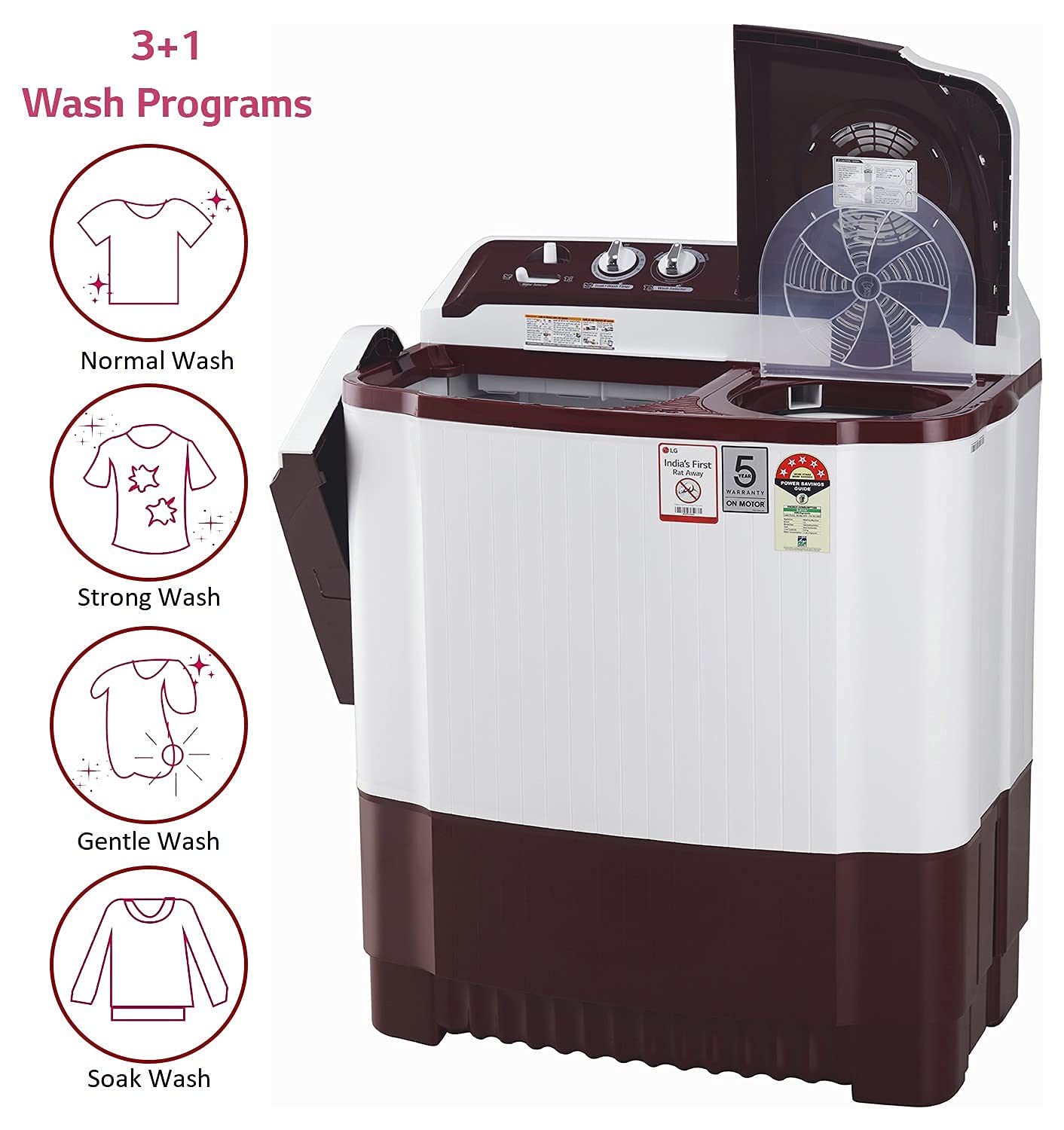 LG 8Kg 5 Star Semi Automatic Top Load Washing Machine, Roller Jet Pulsator + Soak, Burgandy P8035SRAZA