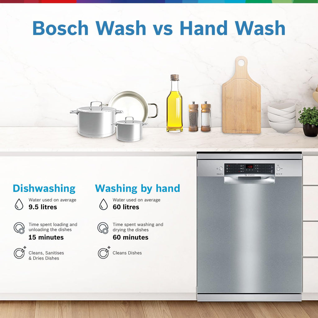 Bosch 14 Place Setting Dishwasher with Intensive Kadhai Program, 70? Hot water wash, 3-Stage Adjustable Upper Rack, No Pre-Rinse (SMS46KI03I, Silver, Glass Protection Technology)