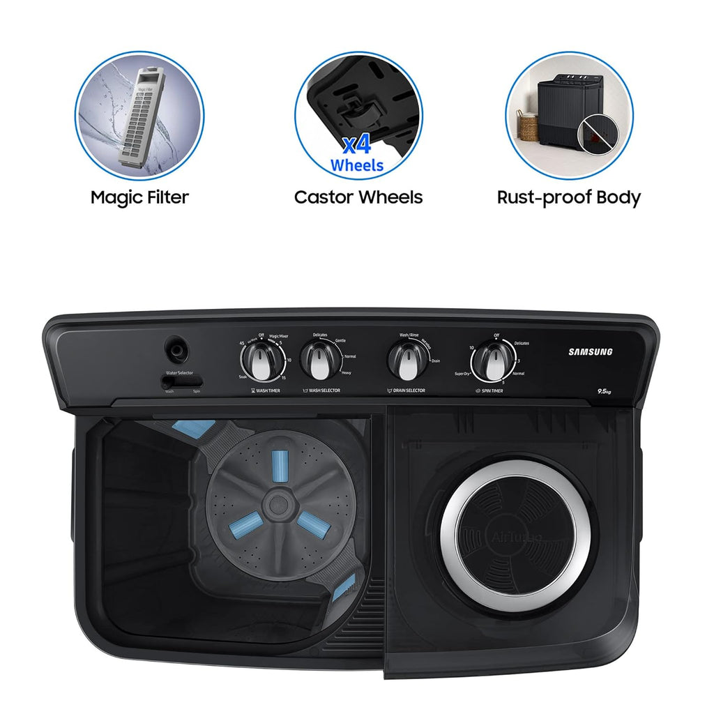 Samsung 9.5 Kg, 5 Star, Semi-Automatic Top Load Washing Machine (WT95A4260GD/TL, Air Turbo Drying, Dark Gray, 5 Year Warranty on Wash Motor)