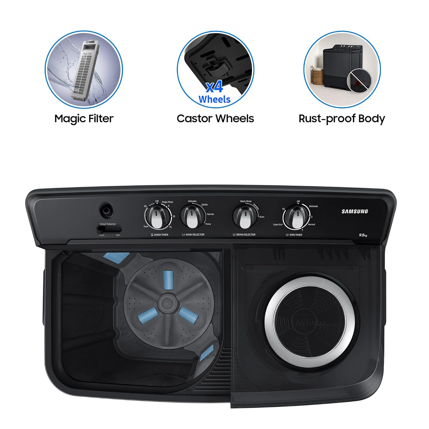 Samsung 9.5 Kg, 5 Star, Semi-Automatic Top Load Washing Machine (WT95A4260GD/TL, Air Turbo Drying, Dark Gray, 5 Year Warranty on Wash Motor)