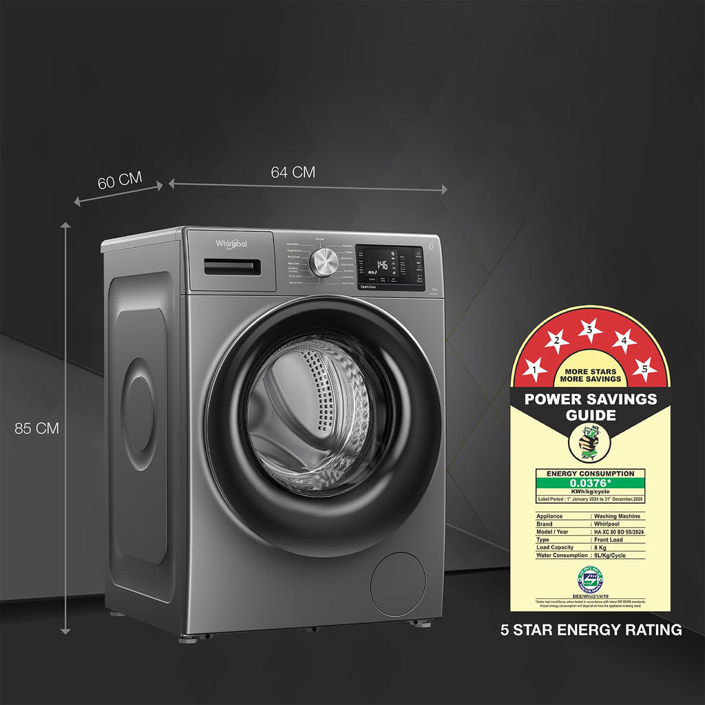 Whirlpool 8 Kg 5 Star Inverter Front Load Fully Automatic Washing Machine with In-Built Heater (XS8014BYM52E, MidNight Grey, Steam Technology, 100+ Tough Stains, 6th Sense Soft Move, 2024 Model)(Touched Up)