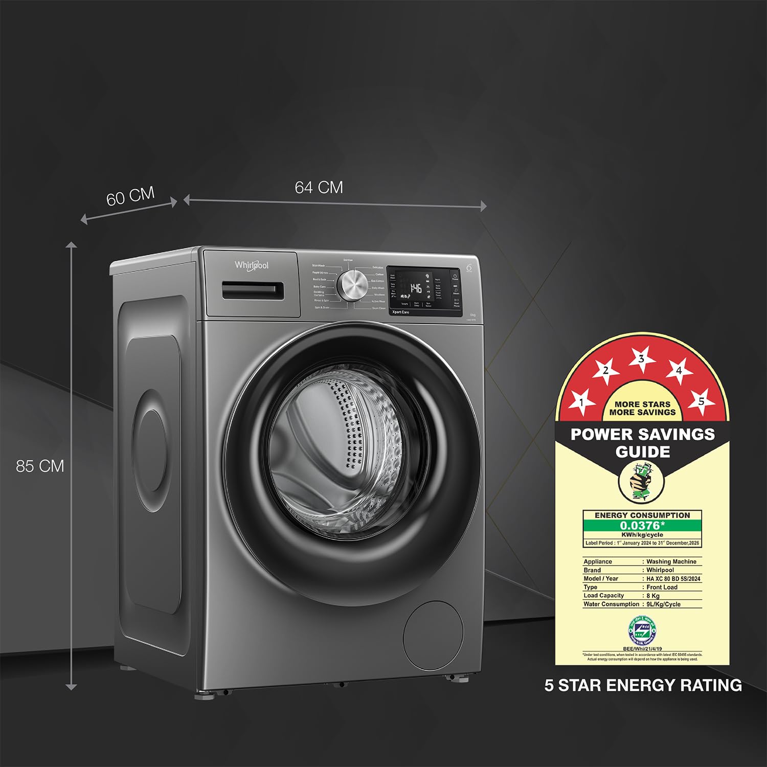 Whirlpool 8 Kg 5 Star Inverter Front Load Fully Automatic Washing Machine with In-Built Heater (XS8014BYM52E, MidNight Grey, Steam Technology, 100+ Tough Stains, 6th Sense Soft Move, 2024 Model)(Touched Up)
