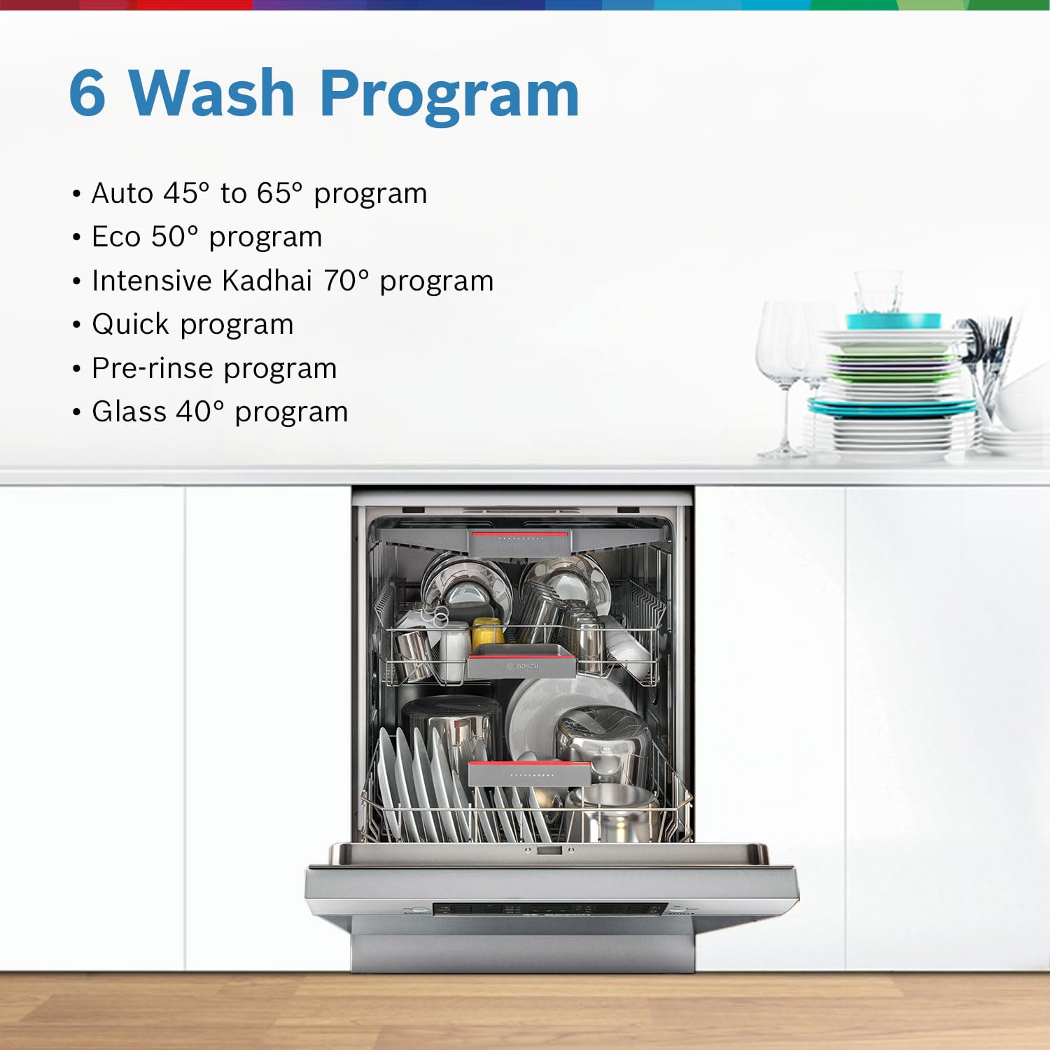 Bosch 14 Place Setting Dishwasher with Intensive Kadhai Program, 70? Hot water wash, 3-Stage Adjustable Upper Rack, No Pre-Rinse (SMS46KI03I, Silver, Glass Protection Technology)