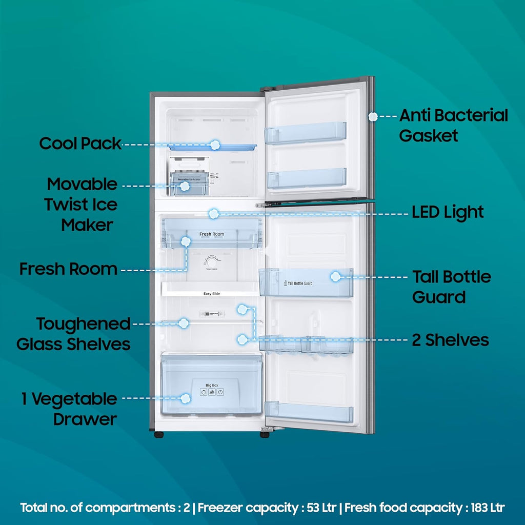 Samsung 236 L, 3 Star, Digital Inverter, Frost Free Double Door Refrigerator (RT28C3053S8/HL, Silver, Elegant Inox)