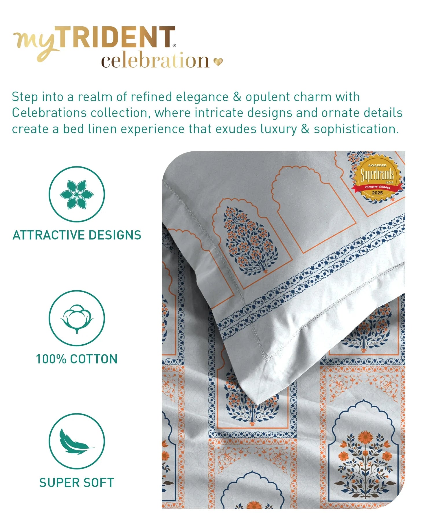 Celebration Queen Bedsheet Set, Mehira Grey | 144 TC Cotton| 2 Pillow Covers