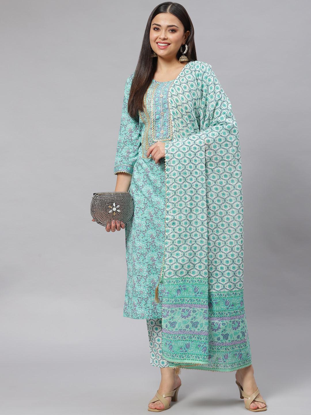 Divena Seagreen Cotton kurta Pant set with Dupatta