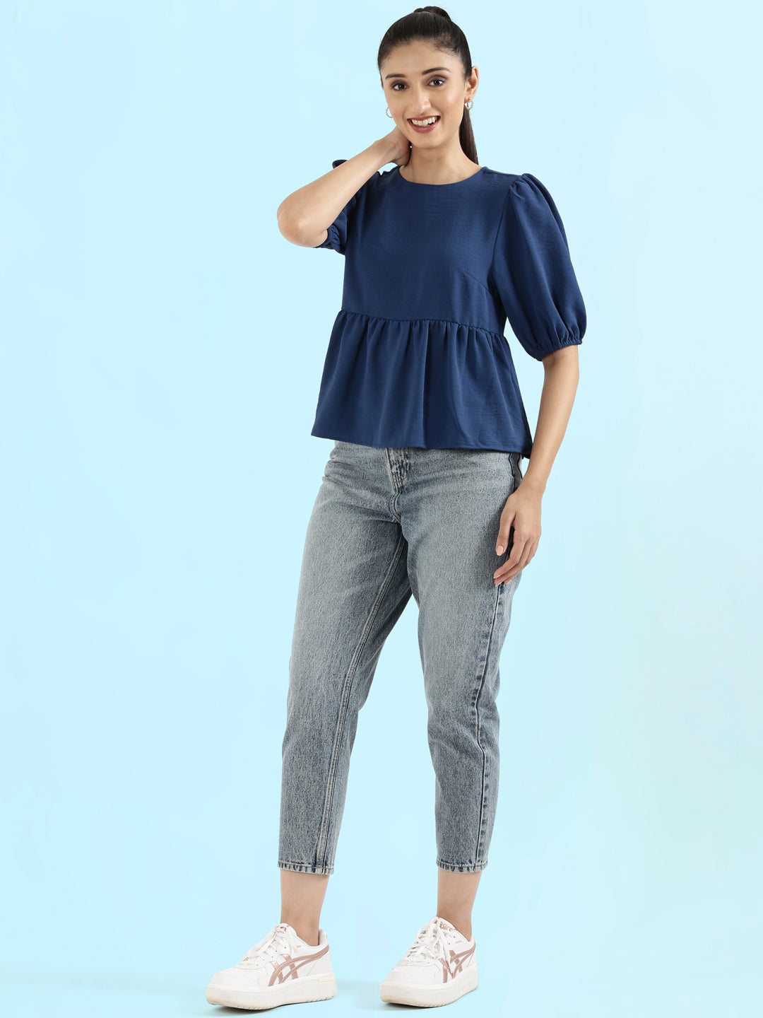 Hammered Crew Neck Peplum Top