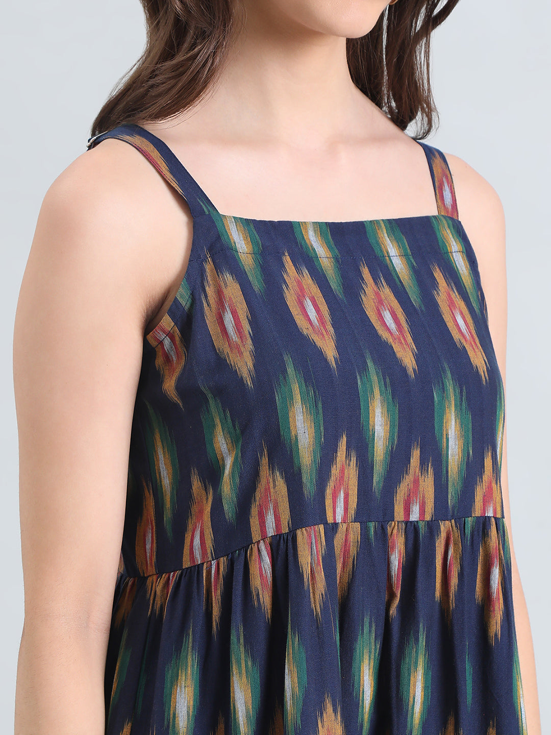 Ikat Print Cotton Smocked Back Tiered Dress