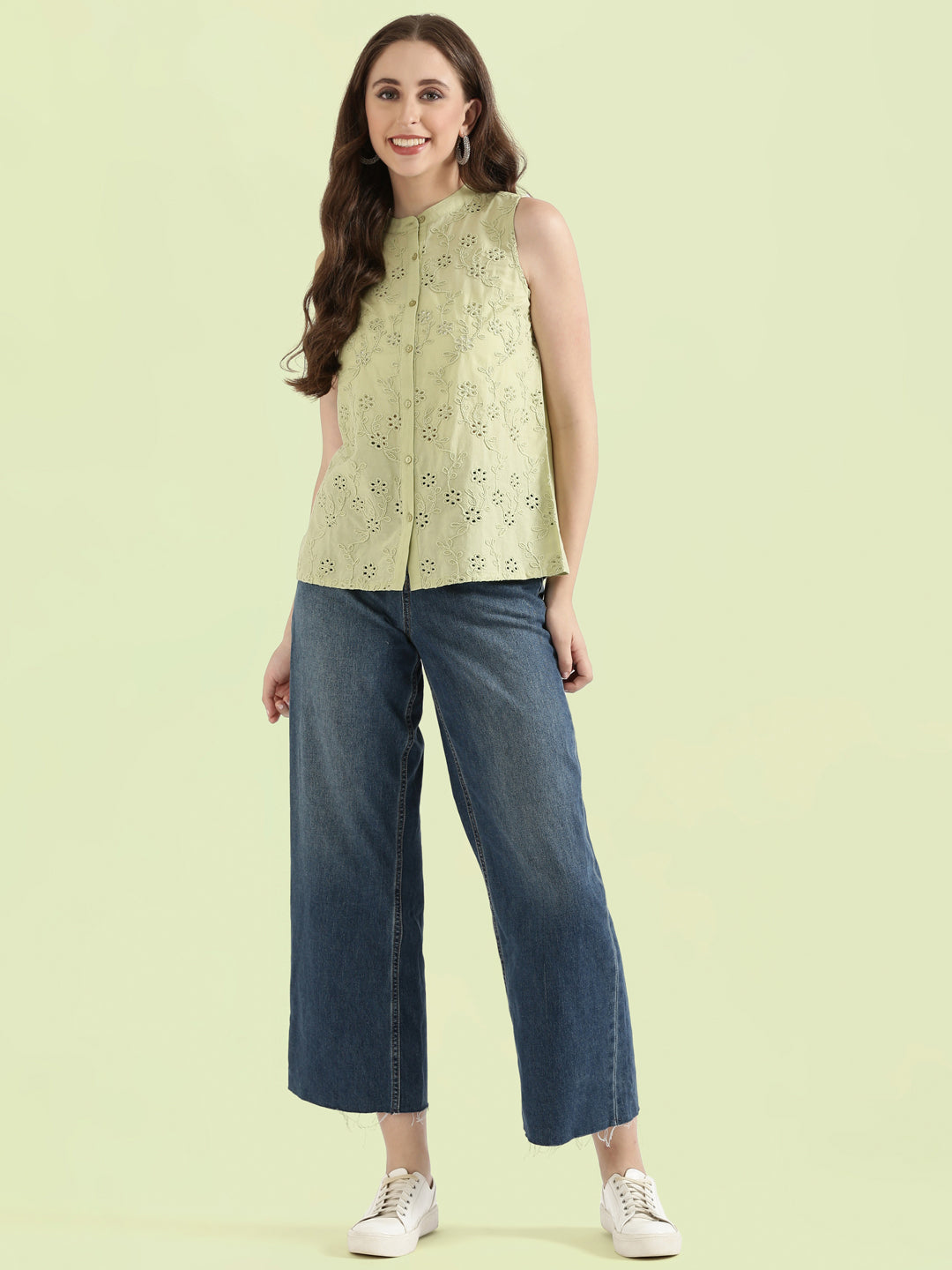 Cotton Embroidered Mandarin Collar Hakoba Blouse