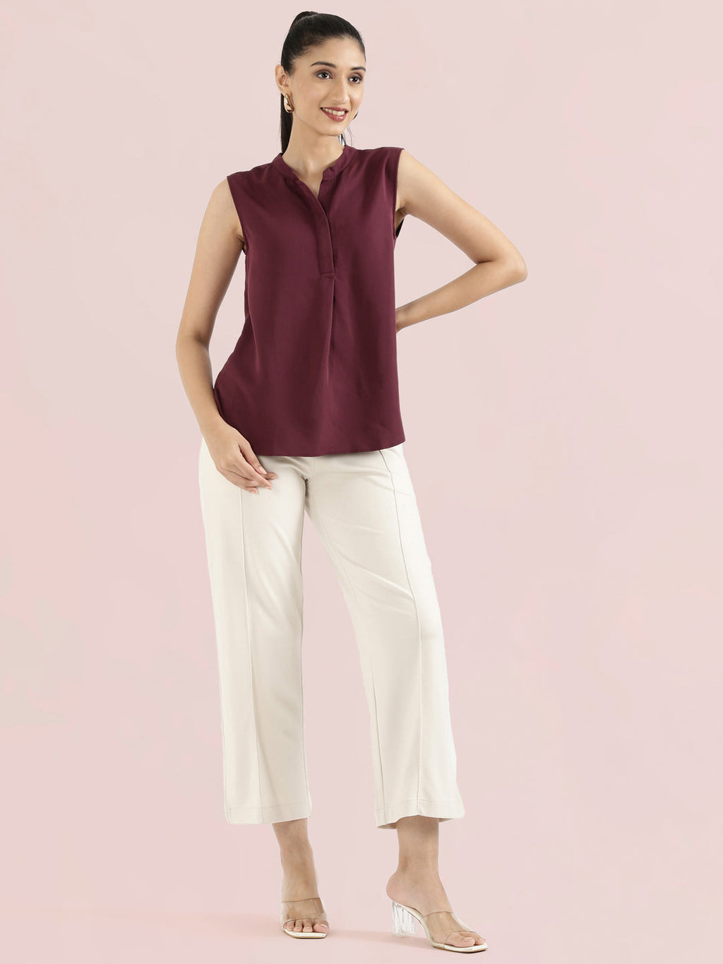 Rayon Mandarin Collar Sleeveless Top
