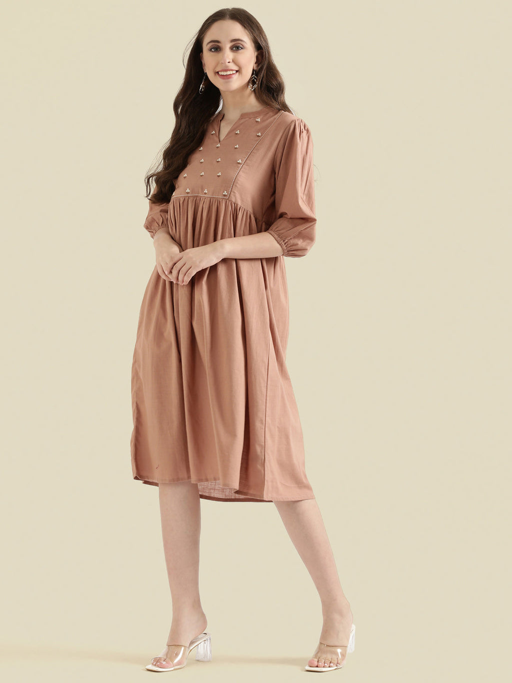 Cotton Slub Butti Embroidered Yoke Gathered Midi Dress
