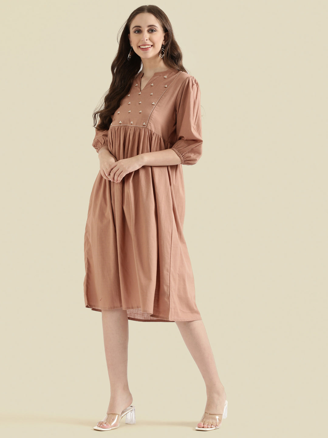 Cotton Slub Butti Embroidered Yoke Gathered Midi Dress