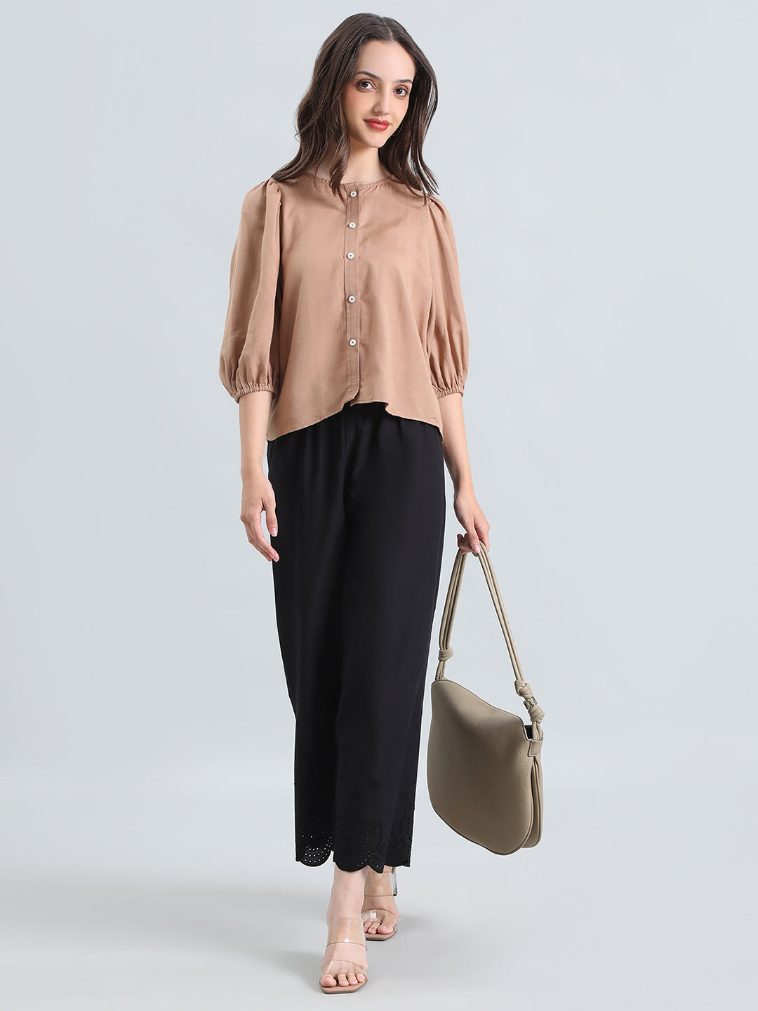 Linen Puff Sleeve Crew Neck Shirt