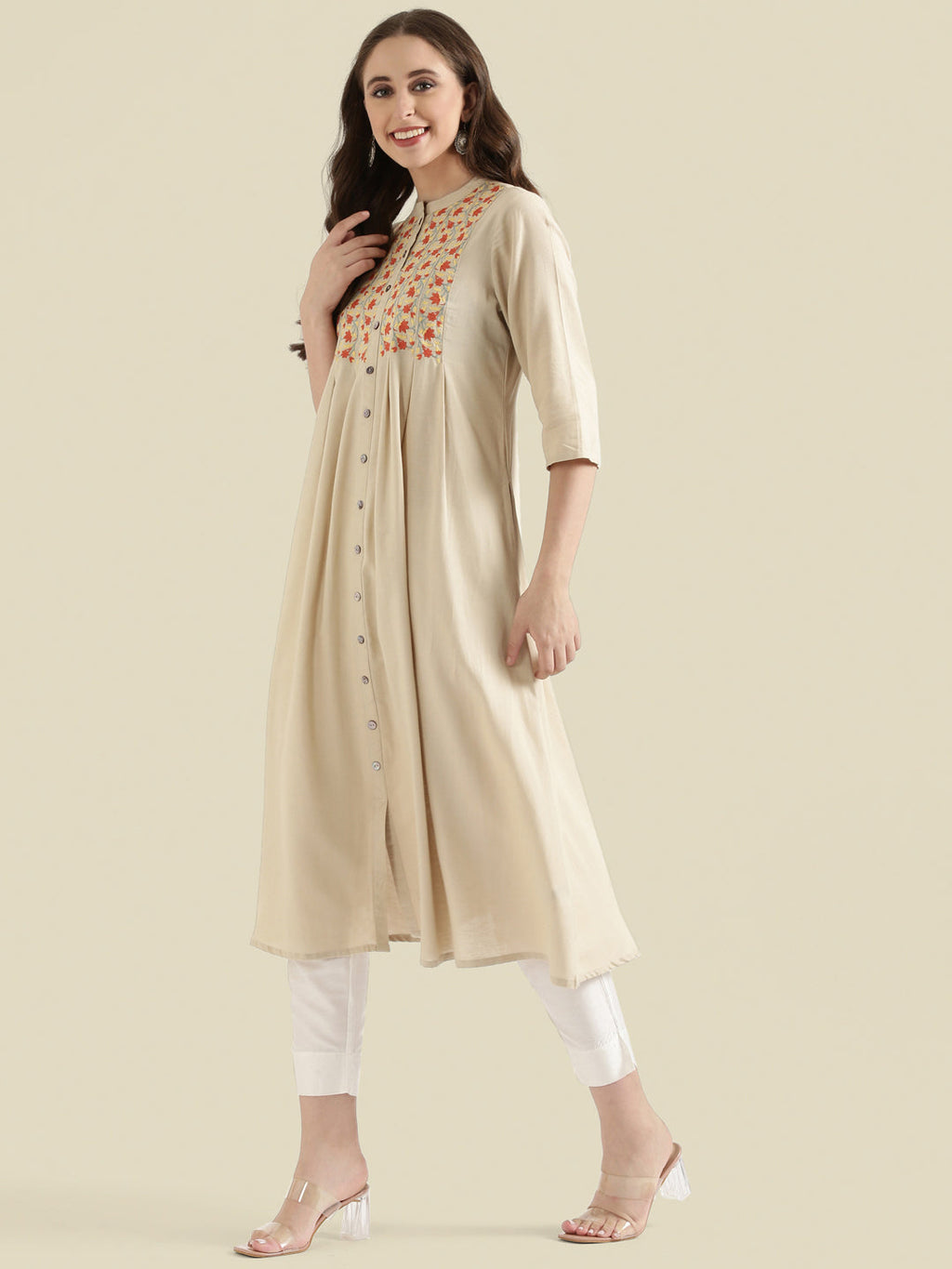 Floral Vine Embroidered Yoke A-Line Long Kurta